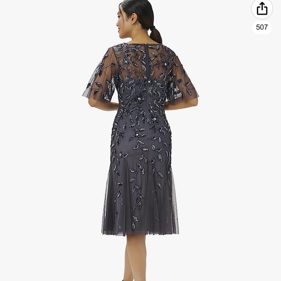 Adrianna Papell Jewel Neck Short Flutter Sleeve Floral Beaded Sheath Midi Dress - Picture 6 of 16